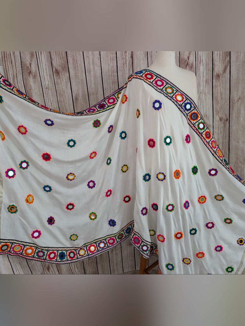 White Embroidered Mirror Work Dupatta - Colorful Floral Accents